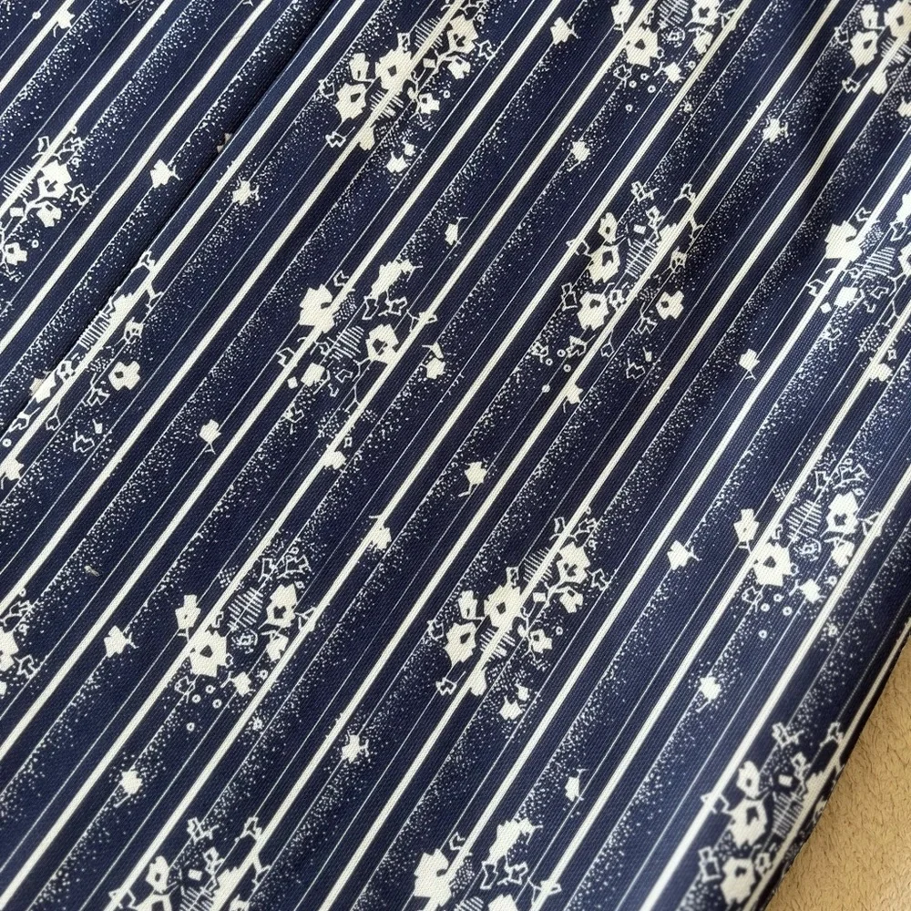 Vintage 70s Navy Floral Stripe A-Line Dress with Puff Sleeves - Picture 4 of 10